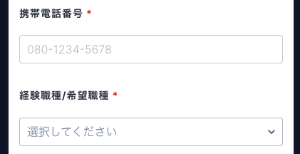 形態電話番号・経験職種・希望職種を選択