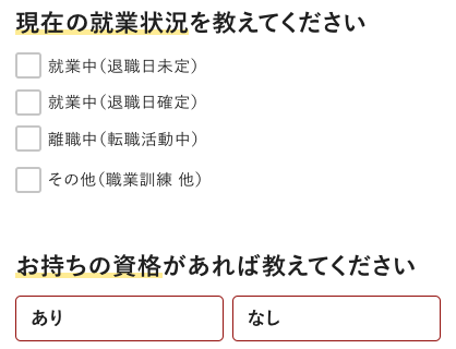 現在の就業状況・手持ち資格を入力