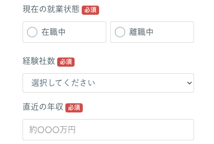 現在の就業状態・経験者数・年収を入力