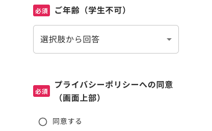 年齢・プライバシーポリシーへの同意を選択