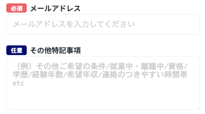 メールアドレス・その他特記事項を入力
